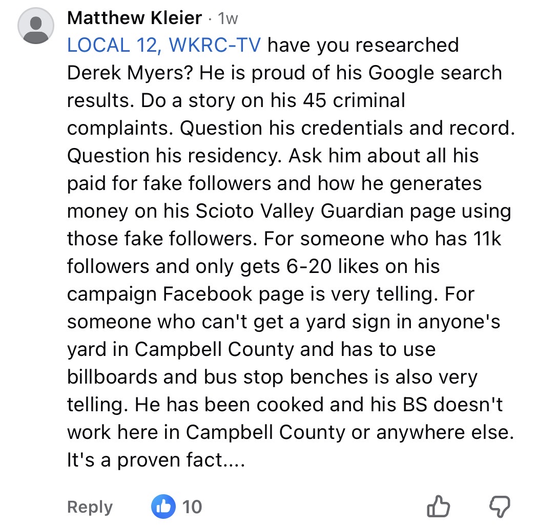 Facebook comment from Matthew Kleier falsely claiming Derek Myers has 45 criminal complaints