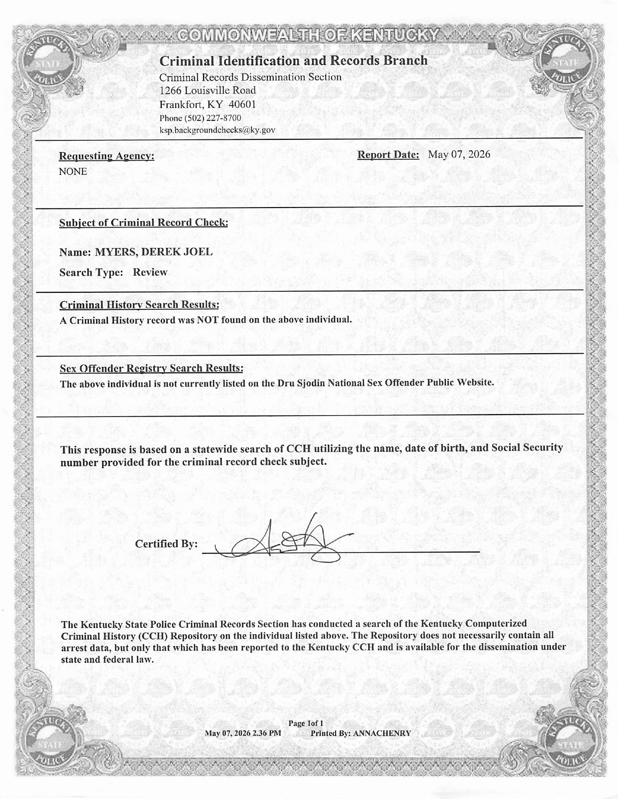 Kentucky State Police Criminal Identification and Records Branch report for Derek Joel Myers showing no criminal history found, dated May 7, 2026