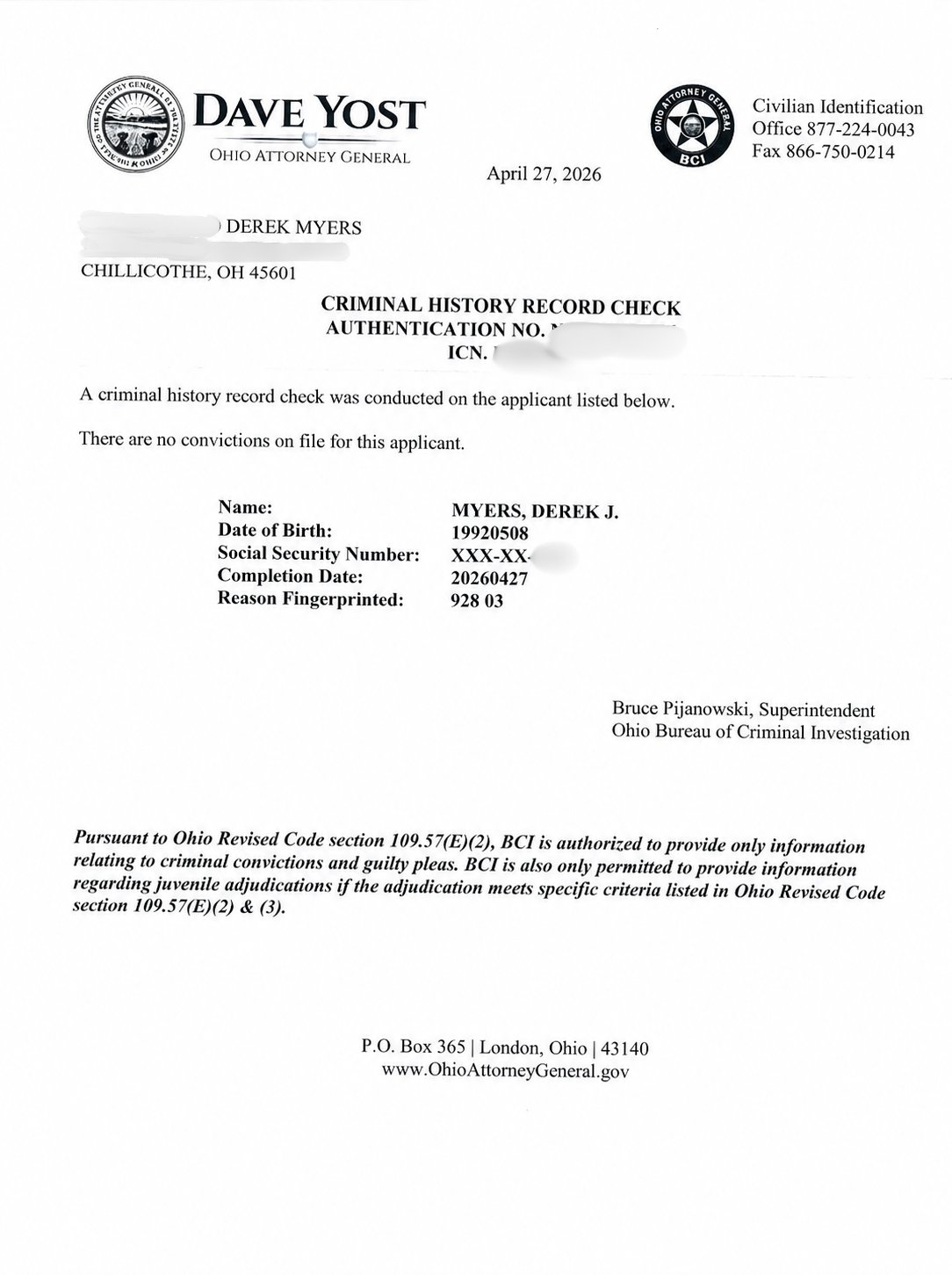 Ohio Attorney General Criminal History Record Check for Derek Myers showing no convictions on file, dated April 27, 2026