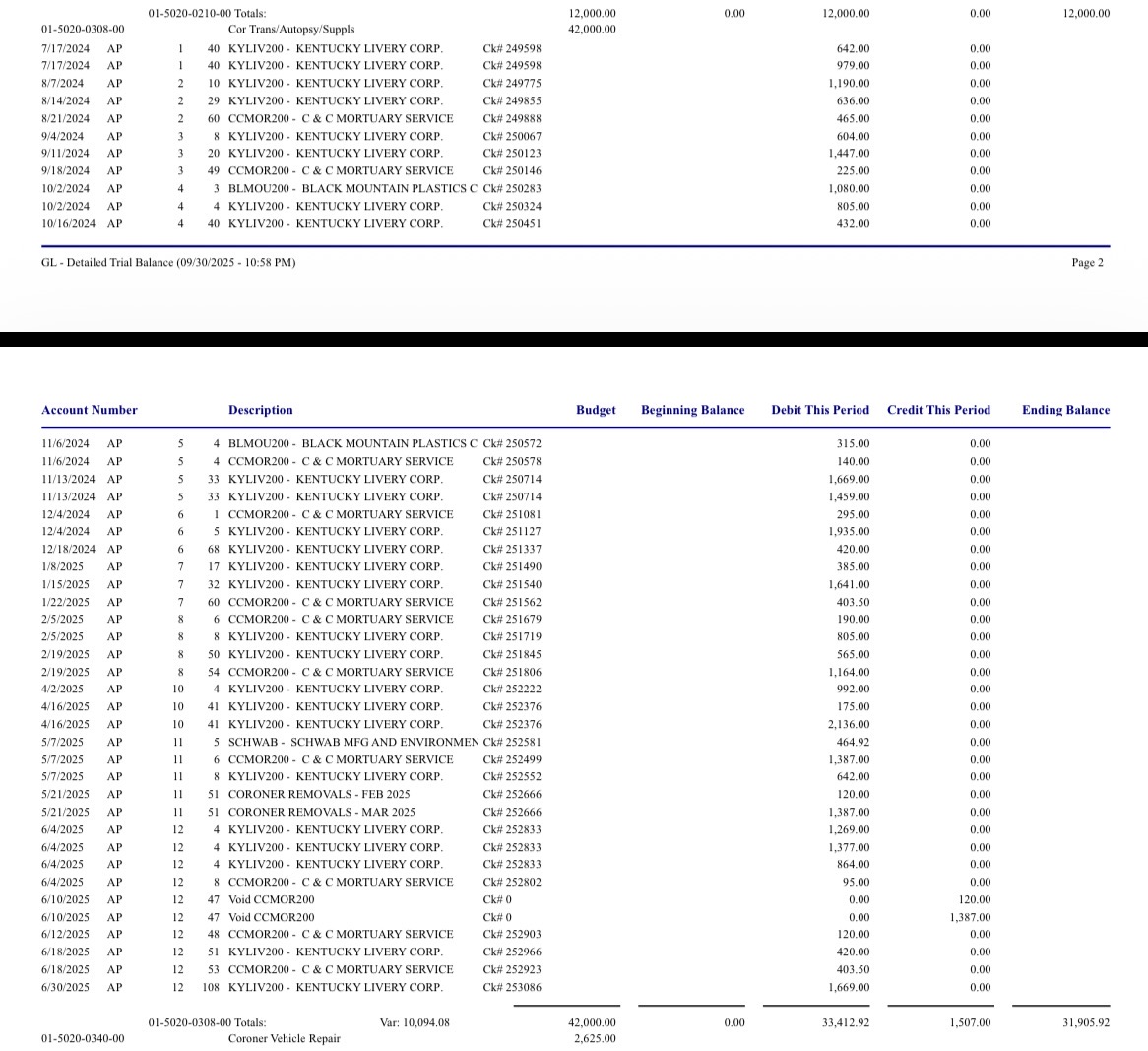 Campbell County General Ledger Detailed Trial Balance showing Coroner Transport/Autopsy/Supplies account payments to Kentucky Livery Corp, including line items for Coroner Removals