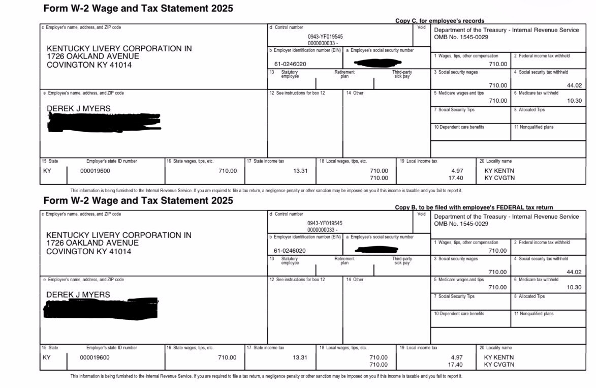 Derek Myers's 2025 Form W-2 from Kentucky Livery Corporation