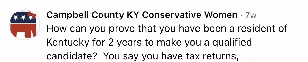 Facebook post from Campbell County KY Conservative Women repeating the residency challenge
